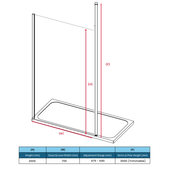Duchy Padstow Chrome Vertical Pole Wet Room Glass Shower Screen 700mm Wide  | Dimension Image