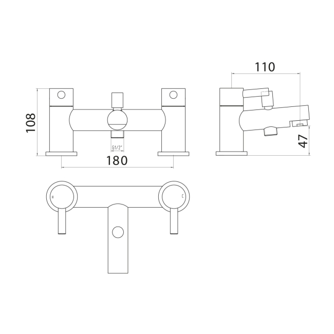 Duchy Penrose Chrome Pillar Mounted Bath Shower Tap (inc Bracket, Handset and Hose)  | Dimension Image