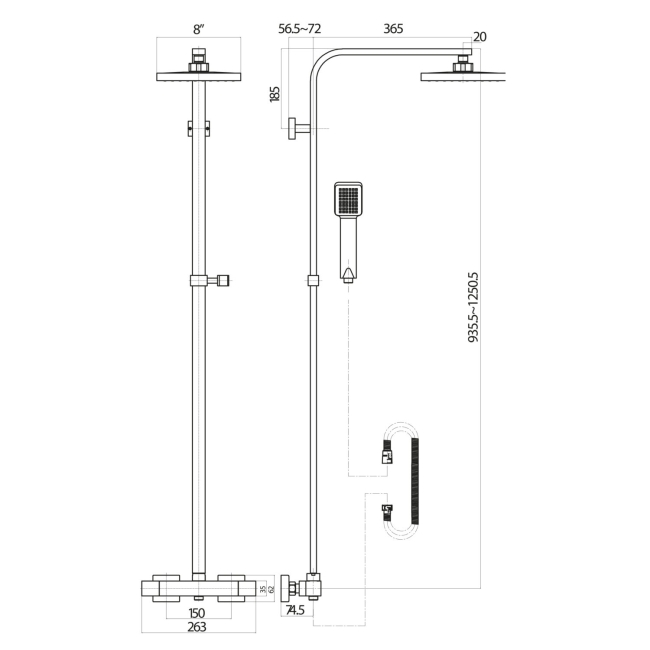 Duchy Piran Chrome Complete Mixer Shower with Fixed Head and Handset  | Dimension Image