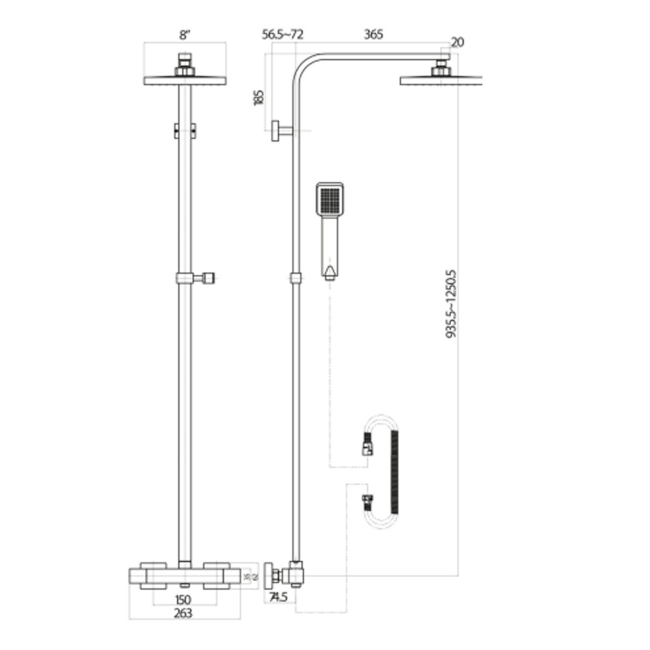 Duchy Piran Brushed Brass Complete Mixer Shower with Fixed Head and Handset  | Dimension Image