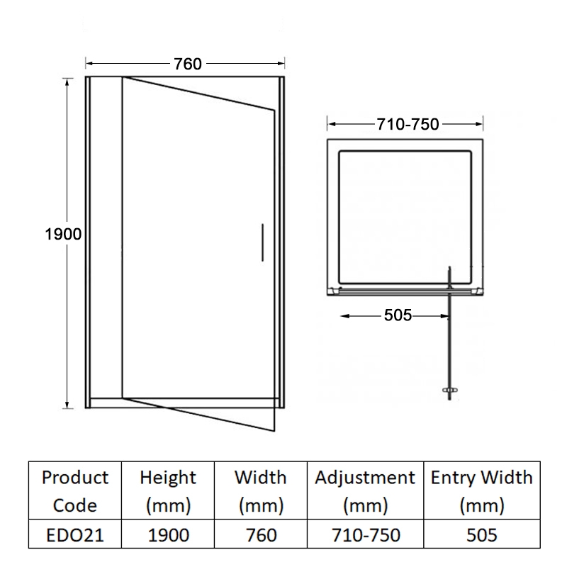 Duchy Spring Pivot Shower Door 760mm Wide - 6mm Glass