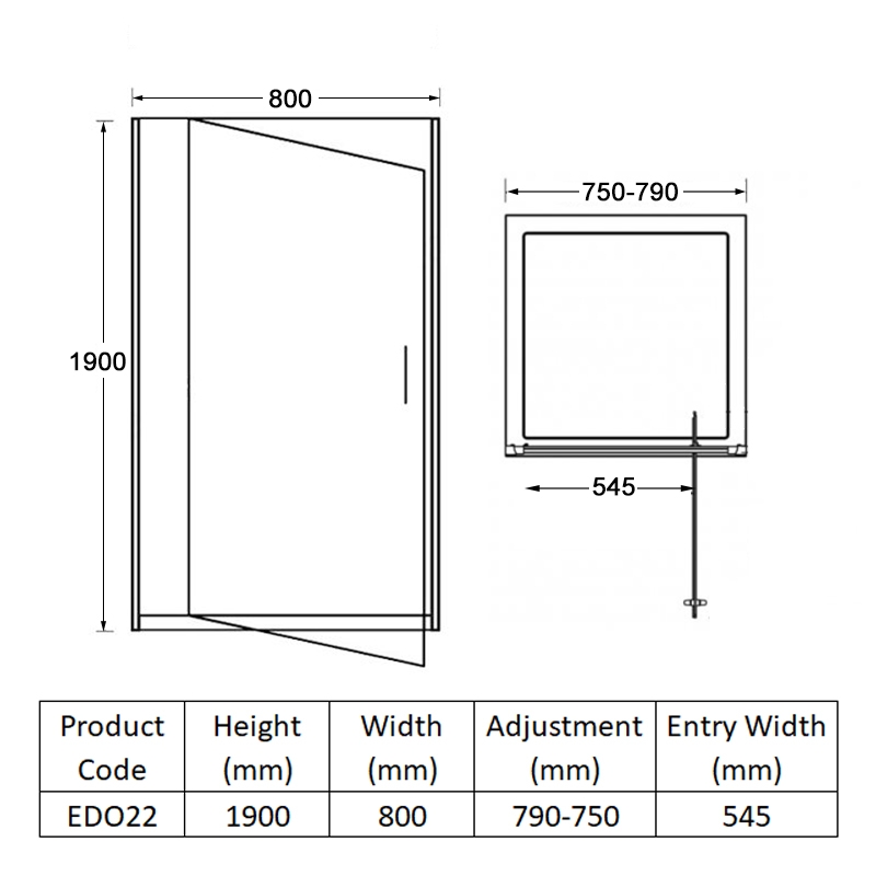 Duchy Spring Pivot Shower Door 800mm Wide - 6mm Glass