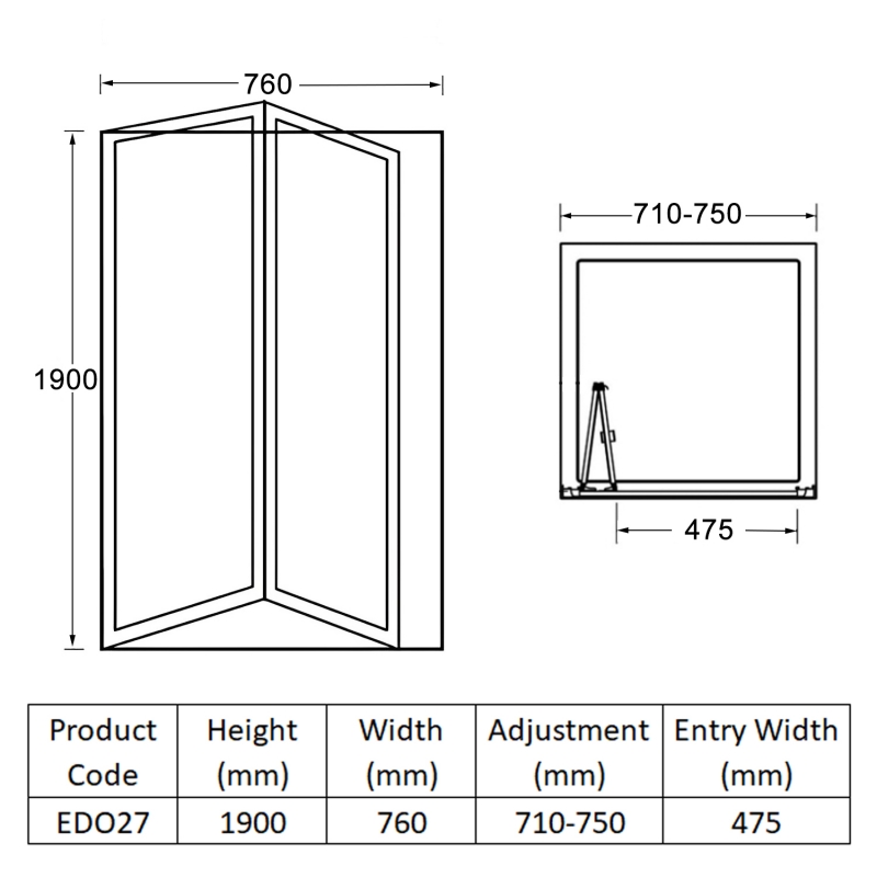 Duchy Spring Bi-Fold Shower Door 760mm Wide - 4mm Glass