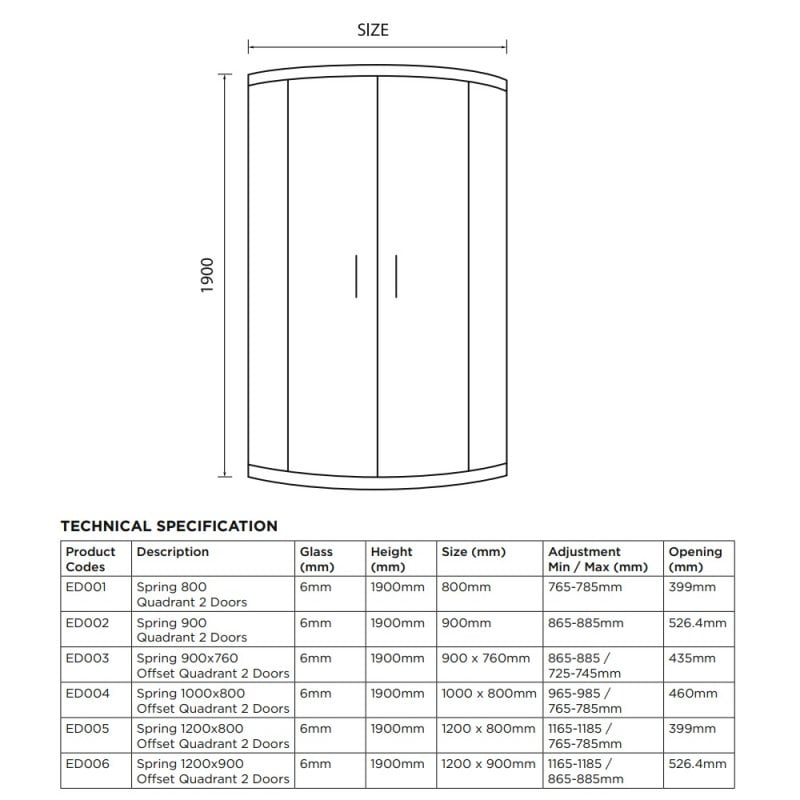 Duchy Spring Offset Quadrant 2 Doors Shower Enclosure 900mm x 760mm - 6mm Clear Glass