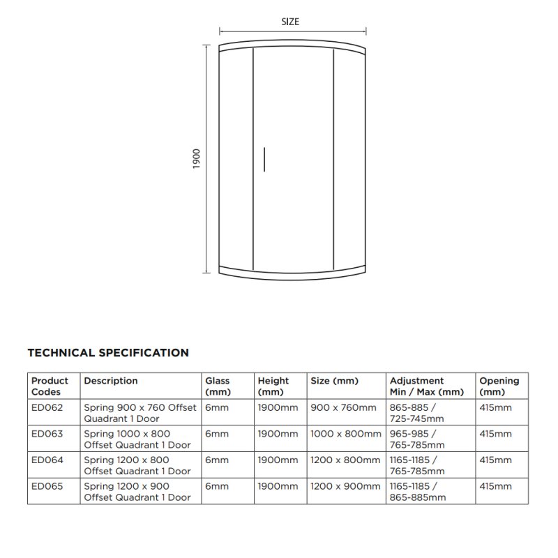 Duchy Spring Offset Quadrant 1 Door Shower Enclosure 900mm x 760mm - 6mm Clear Glass