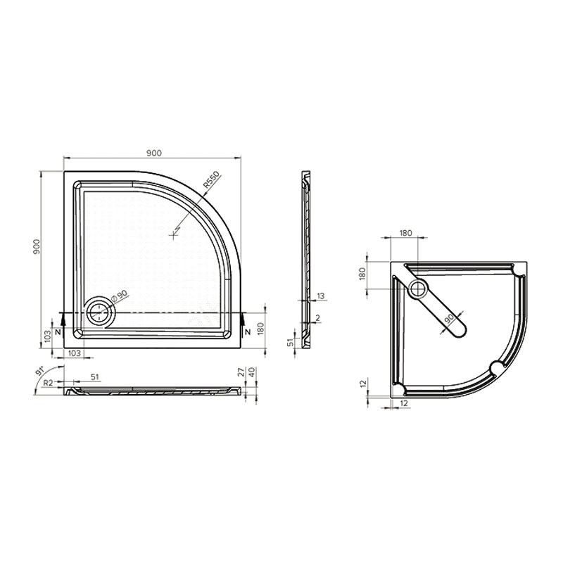 Duchy Spring Quadrant Anti-Slip Shower Tray 900mm x 900mm - White