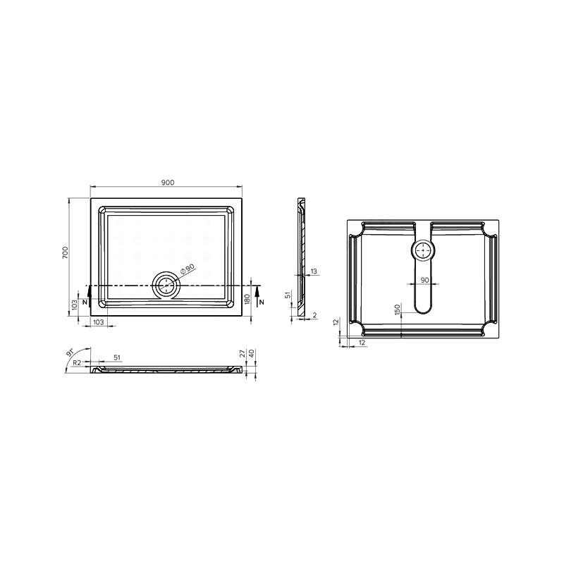 Duchy Spring Rectangular Anti-Slip Shower Tray 900mm x 700mm - White