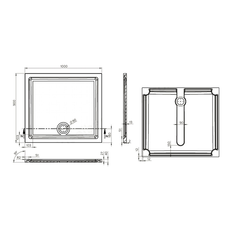 Duchy Spring Rectangular Anti-Slip Shower Tray 1000mm x 900mm - White