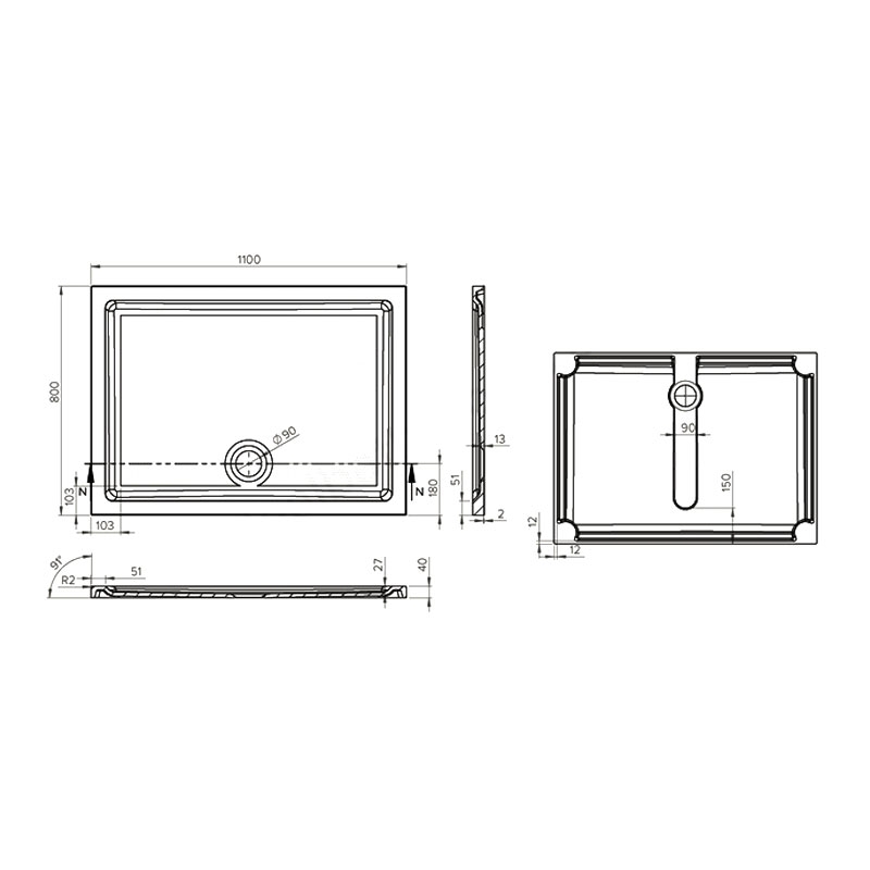 Duchy Spring Rectangular Anti-Slip Shower Tray 1100mm x 800mm - White