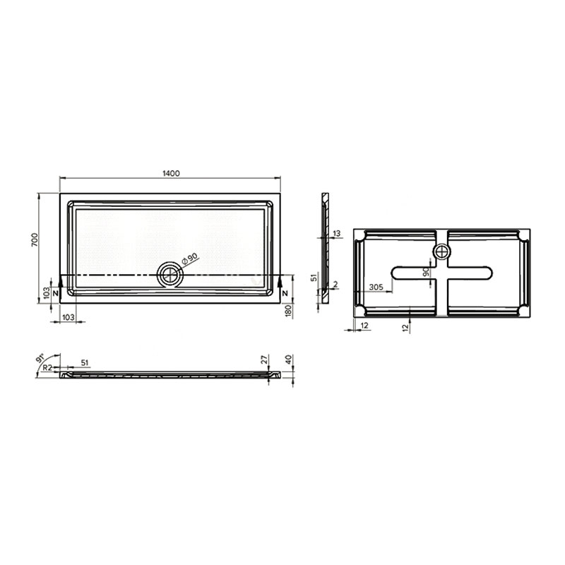 Duchy Spring Rectangular Anti-Slip Shower Tray 1400mm x 700mm - White