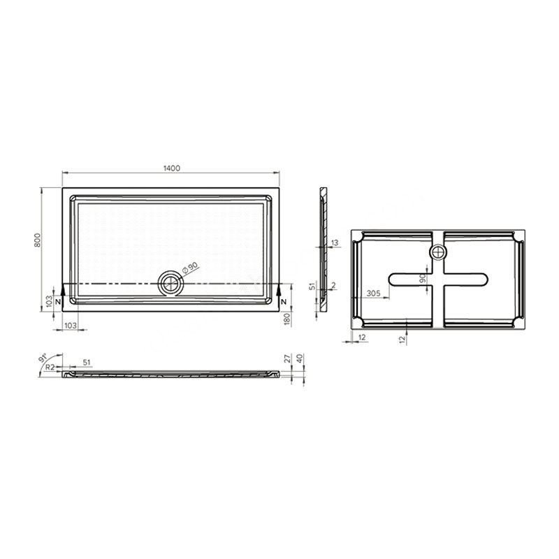 Duchy Spring Rectangular Anti-Slip Shower Tray 1400mm x 800mm - White