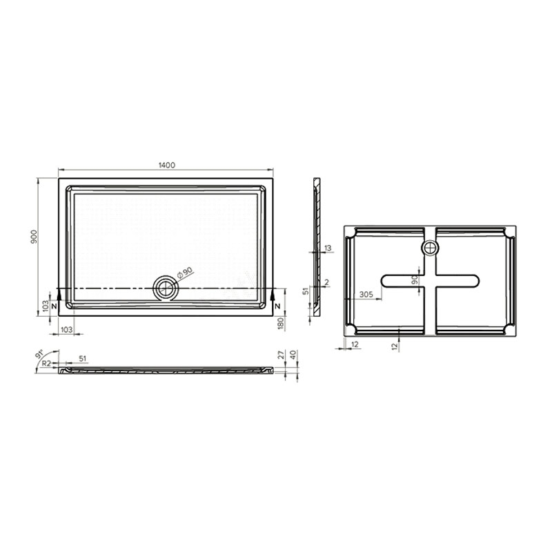 Duchy Spring Rectangular Anti-Slip Shower Tray 1400mm x 900mm - White