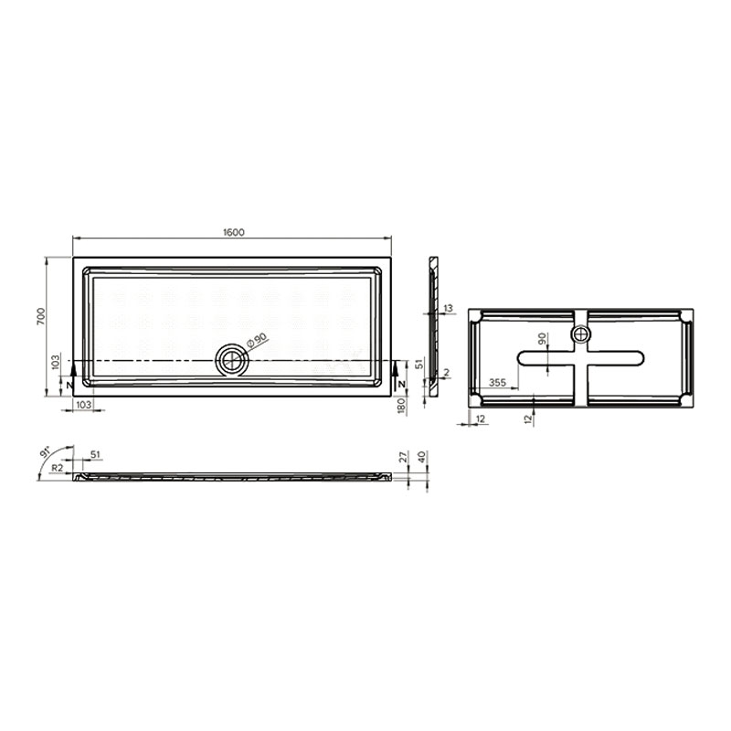 Duchy Spring Rectangular Anti-Slip Shower Tray 1600mm x 700mm - White