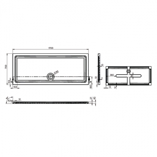 Duchy Spring Rectangular Anti-Slip Shower Tray 1700mm x 700mm - White