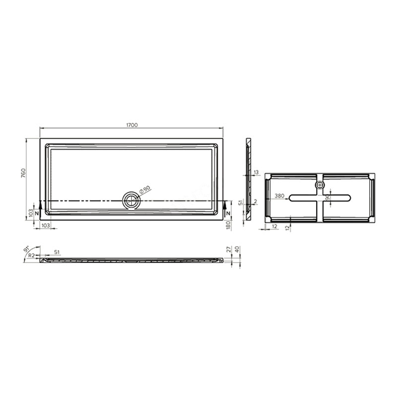 Duchy Spring Rectangular Anti-Slip Shower Tray 1700mm x 760mm - White