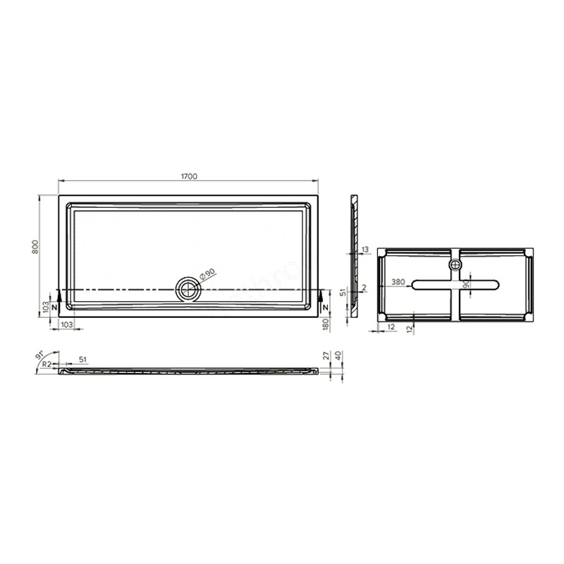 Duchy Spring Rectangular Anti-Slip Shower Tray 1700mm x 800mm - White