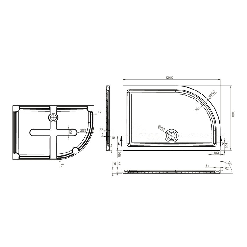 Duchy Spring Offset Quadrant Anti-Slip Shower Tray 1200mm x 800mm Right Handed