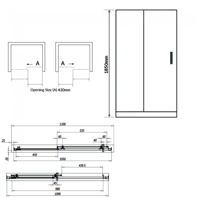 Duchy Spring2 Sliding Shower Door 1100mm Wide - 6mm Glass