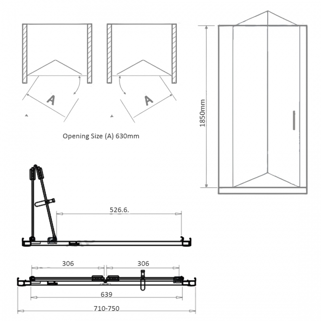 Duchy Spring2 Semi Frameless Bi-Fold Shower Door 760mm Wide - 6mm Glass