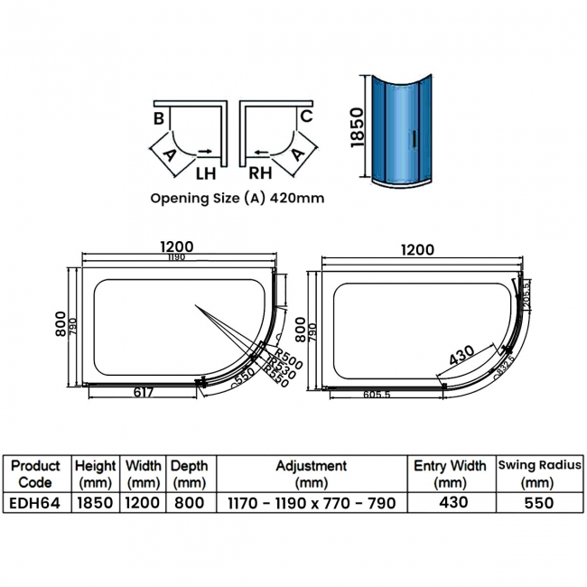 Duchy Spring2 1-Door Offset Quadrant Shower Enclosure 1200mm x 800mm - 6mm Glass