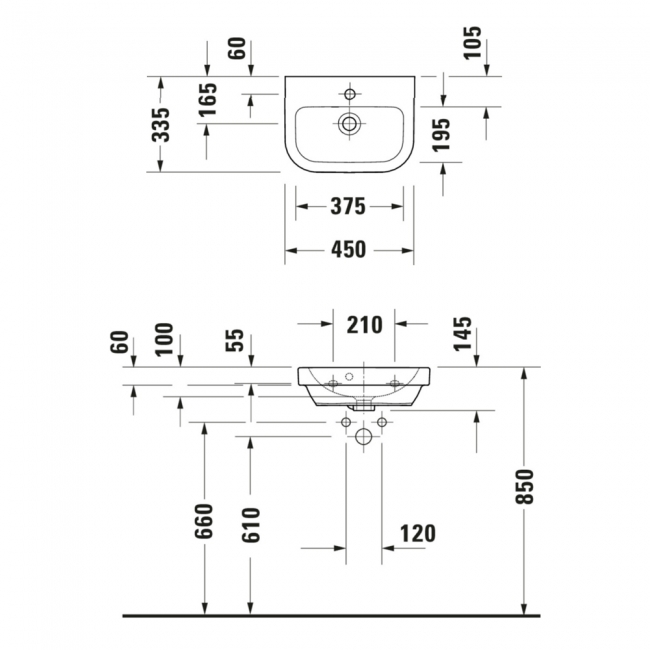 Duravit D-Code Wall Hung Basin with Overflow 450mm Wide - 1 Tap Hole