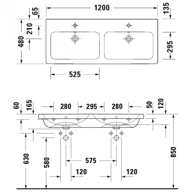 Duravit D-Code Double Wall Hung Double Basin with Overflow 1200mm Wide - 1 Tap Hole