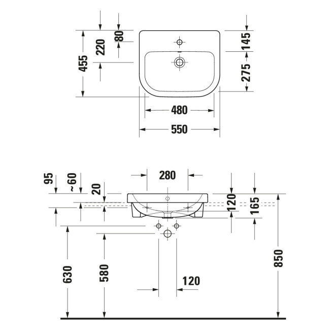 Duravit D-Code Semi-Recessed Basin 550mm Wide - 1 Tap Hole
