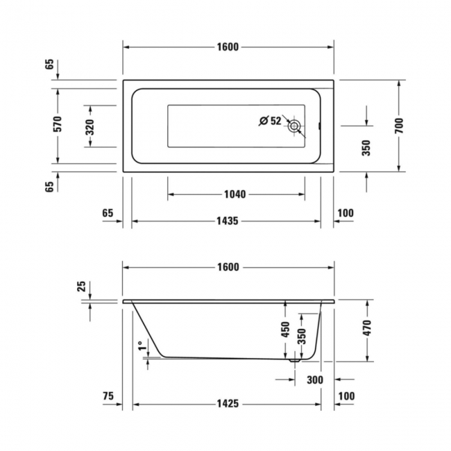 Duravit D-Code Rectangular Single Ended Bath with Leg Set 1600mm x 700mm - 0 Tap Hole  | Dimension Image