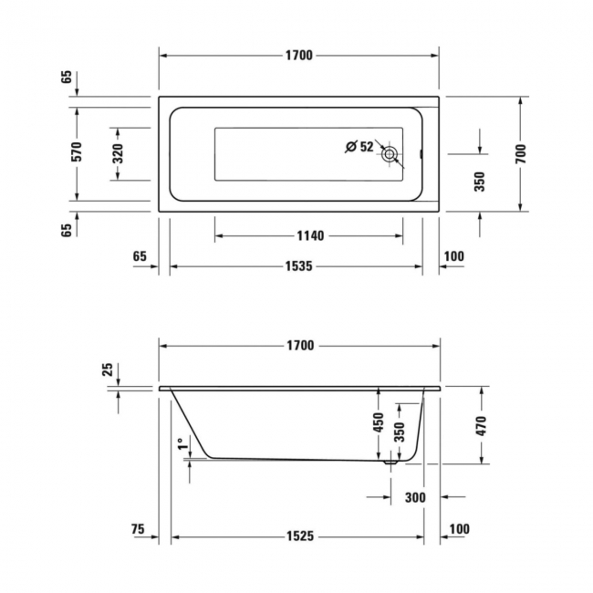 Duravit D-Code Rectangular Single Ended Bath with Leg Set 1700mm x 700mm - 0 Tap Hole  | Dimension Image