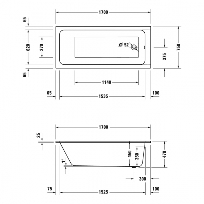 Duravit D-Code Rectangular Single Ended Bath with Leg Set 1700mm x 750mm - 0 Tap Hole