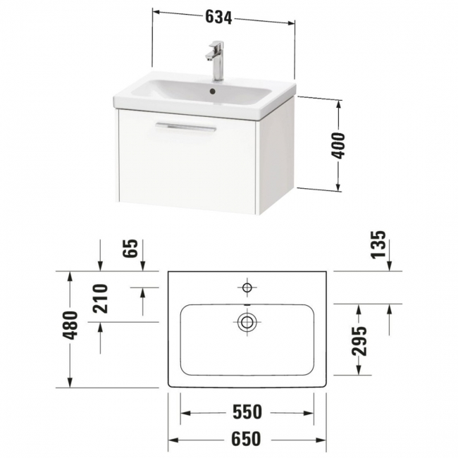 Duravit D-Code Wall Hung 1-Drawer Vanity Unit with Basin and Black Handle 650mm Wide - Pale Green