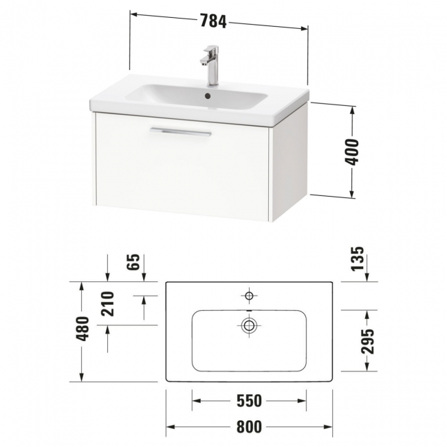 Duravit D-Code Wall Hung 1-Drawer Vanity Unit with Basin and Black Handle 800mm Wide - Pale Green