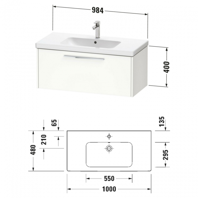 Duravit D-Code Wall Hung 1-Drawer Vanity Unit with Basin and Black Handle 1000mm Wide - Pale Green  | Dimension Image