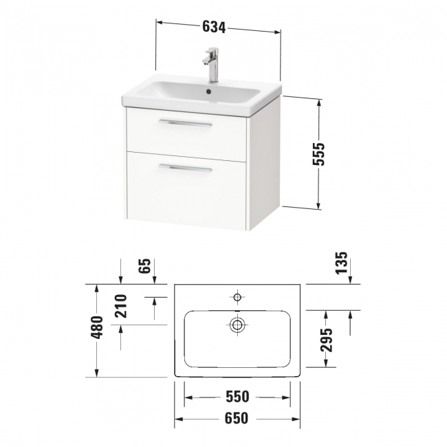 Duravit D-Code Wall Hung 2-Drawer Vanity Unit with Basin and Black Handle 650mm Wide - Gloss White  | Dimension Image