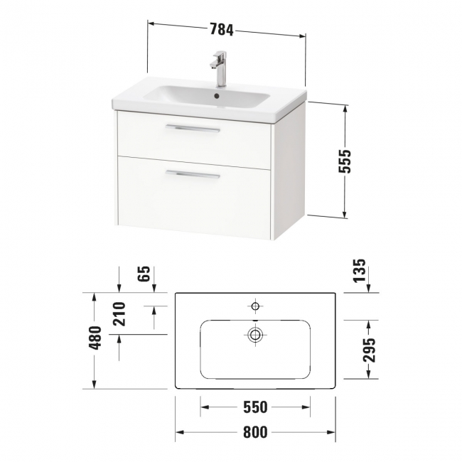Duravit D-Code Wall Hung 2-Drawer Vanity Unit with Basin and Chrome Handle 800mm Wide - Gloss White  | Dimension Image