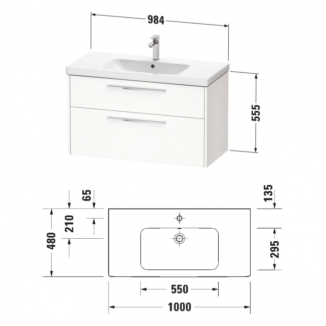 Duravit D-Code Wall Hung 2-Drawer Vanity Unit with Basin and Chrome Handle 1000mm Wide - Matt White  | Dimension Image
