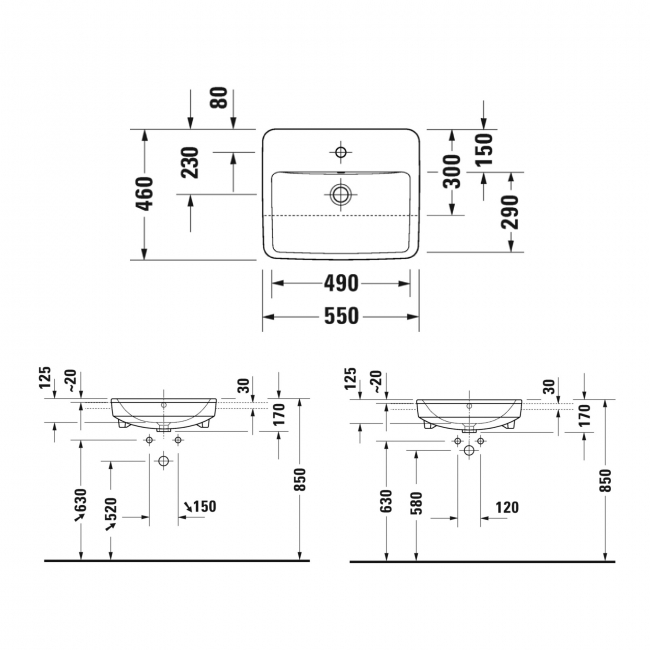Duravit No.1 Semi-Recessed Basin with Overflow 550mm Wide - 1 Tap Hole