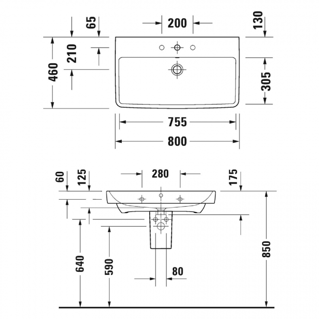 Duravit No.1 Basin and Semi Pedestal 800mm Wide - 1 Tap Hole