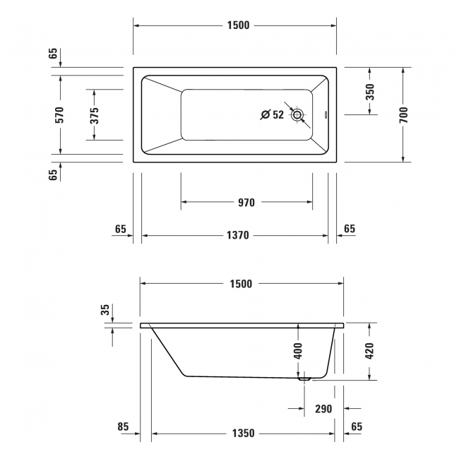 Duravit No.1 Rectangular Single Ended Bath with Leg Set 1500mm x 700mm - 0 Tap Hole