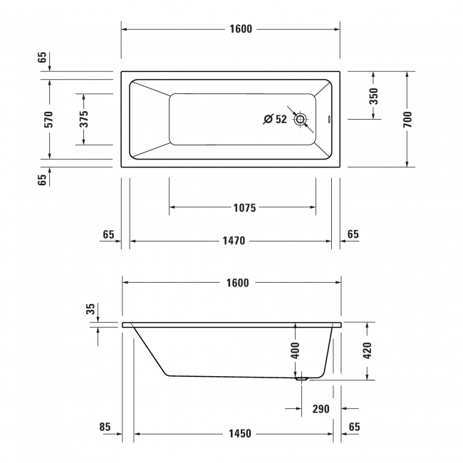 Duravit No.1 Rectangular Single Ended Bath with Leg Set 1600mm x 700mm - 0 Tap Hole  | Dimension Image