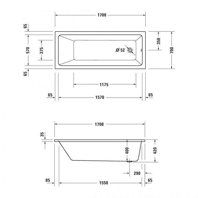 Duravit No.1 Rectangular Single Ended Bath with Leg Set 1700mm x 700mm - 0 Tap Hole