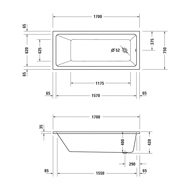 Duravit No.1 Rectangular Single Ended Bath with Leg Set 1700mm x 750mm - 0 Tap Hole
