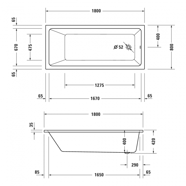 Duravit No.1 Rectangular Single Ended Bath with Leg Set 1800mm x 800mm - 0 Tap Hole  | Dimension Image