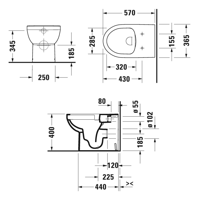 Duravit No.1 Rimless Back to Wall Toilet 570mm Projection - Standard Seat  | Dimension Image