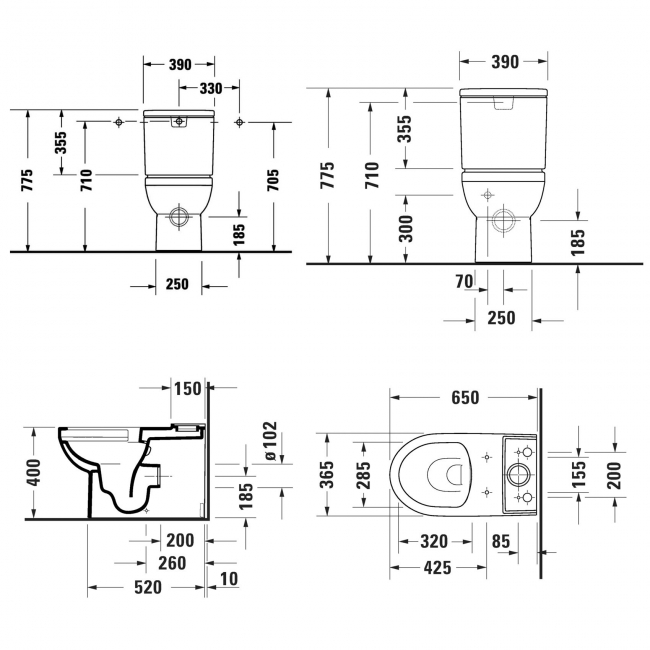 Duravit No.1 Rimless Back to Wall Close Coupled Toilet 6/3 Litre Push Button Cistern - Soft Close Seat
