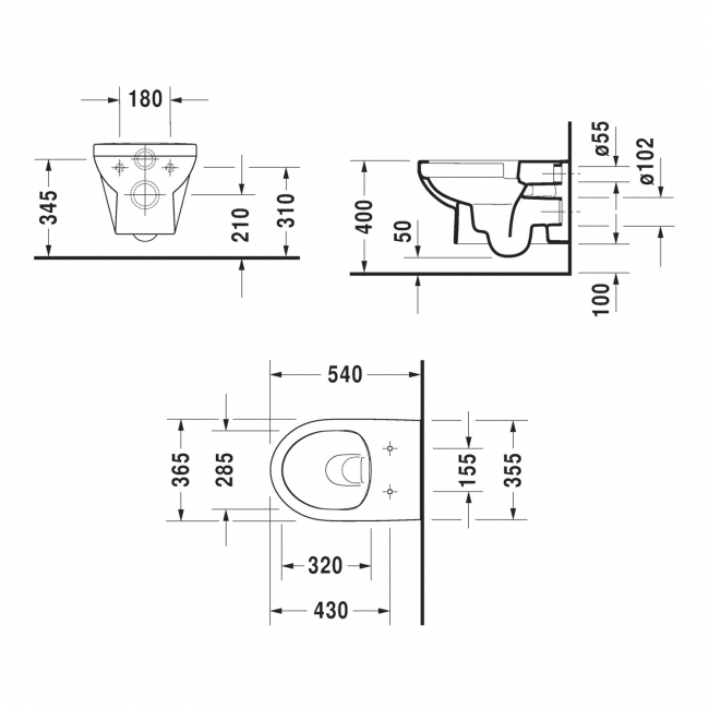 Duravit No.1 Rimless Wall Hung Toilet 540mm Projection - Soft Close Seat