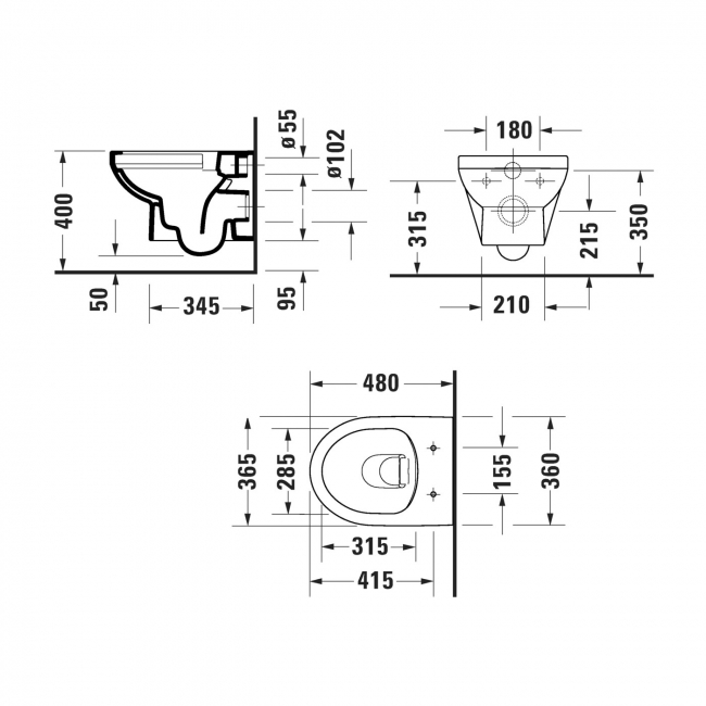 Duravit No.1 Compact Rimless Wall Hung Toilet - Standard Seat  | Dimension Image