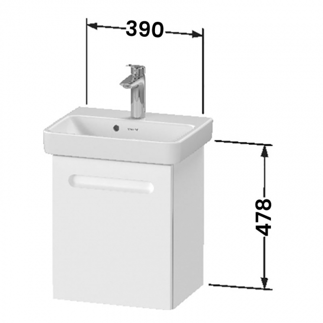 Duravit No.1 LH Wall Hung 1-Door Vanity Unit with Basin 450mm Wide - Matt White  | Dimension Image