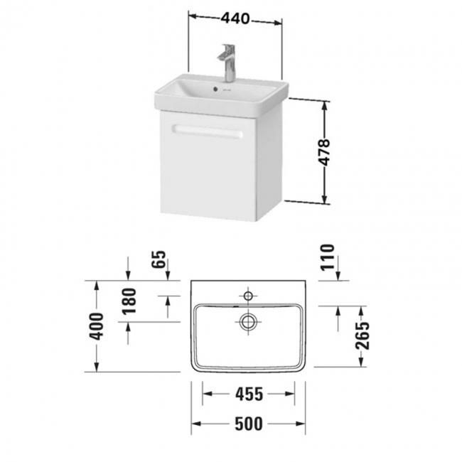 Duravit No.1 LH Wall Hung 1-Door Vanity Unit with Basin 500mm Wide - Matt Graphite  | Dimension Image