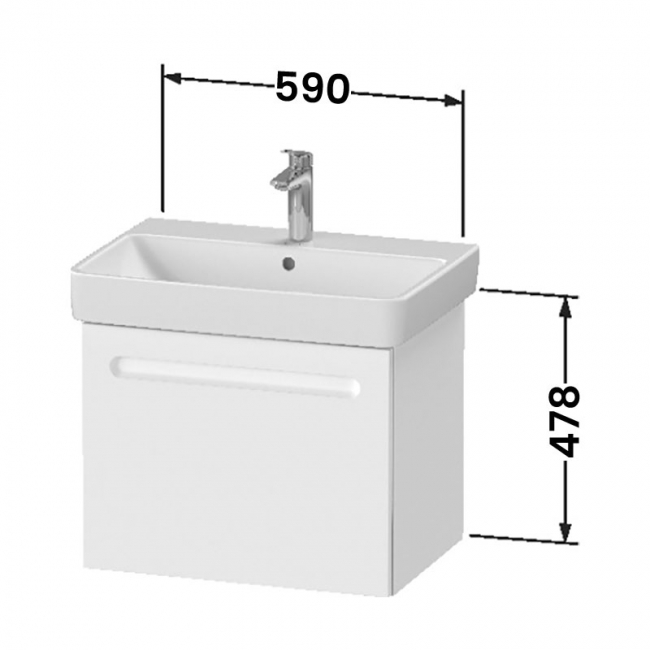 Duravit No.1 Wall Hung 1-Drawer Vanity Unit with Internal Drawer and Basin 650mm Wide - Matt White  | Dimension Image